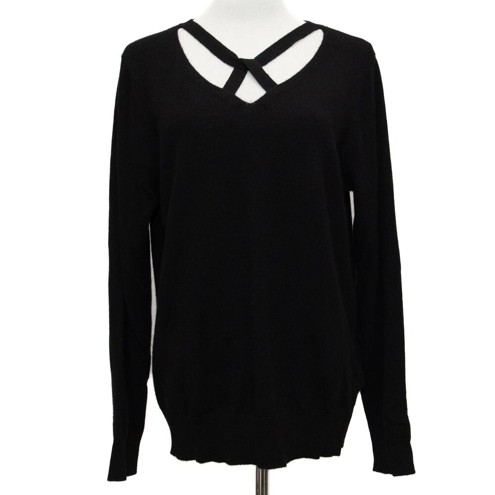 Lusso Black Cashmere Criss Cross Neck Long Sleeve Sweater Size Large